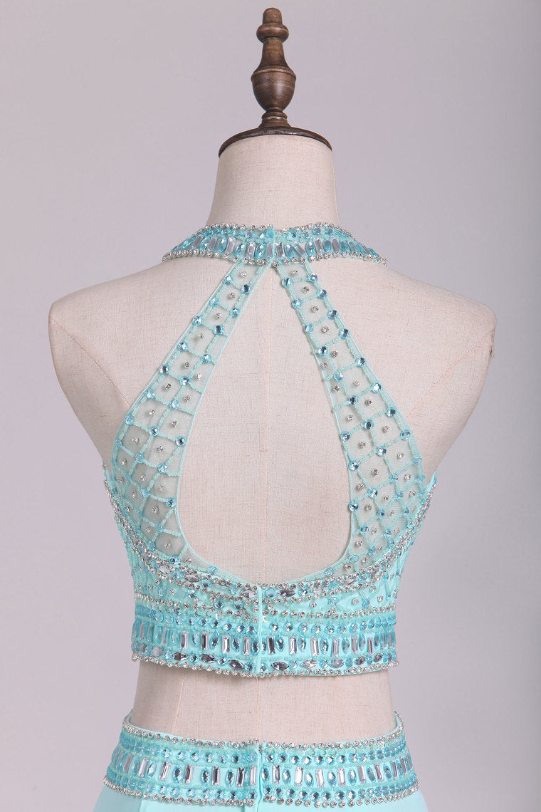 2022 Two-Piece Halter Beaded Bodice Open Back Prom Dresses Spandex Sheath