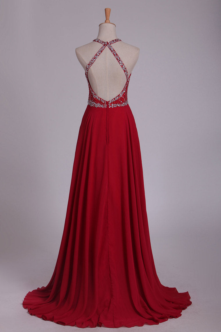 2022 Halter A Line Prom Dresses Beaded Bodice Sweep Train Chiffon & Tulle Open Back