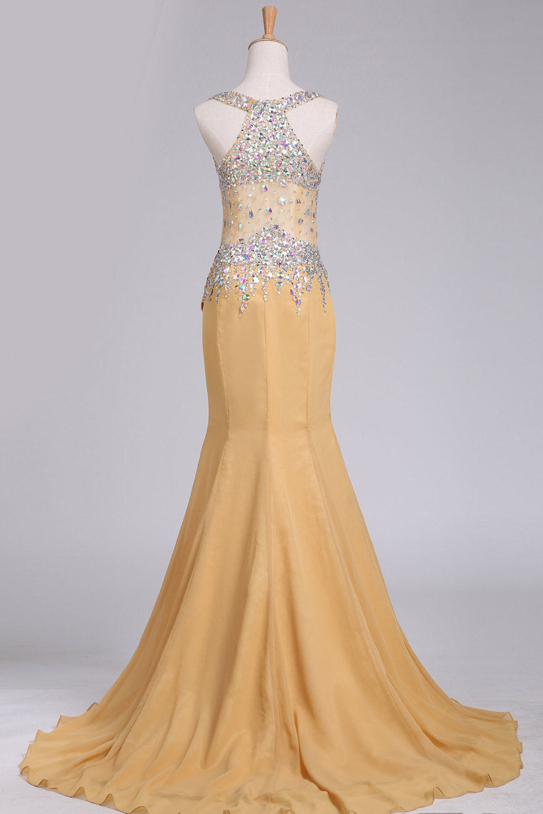 2022 New Arrival Chiffon Prom Dresses Straps With Beading Sweep Train Mermaid