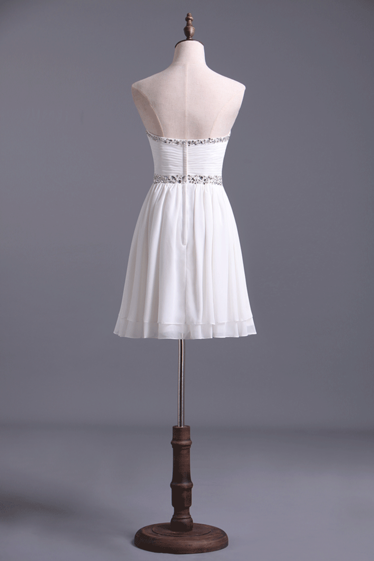 2022 Graduation Dress Beaded Sweetheart Neckline And Waistline Pleated Bodice Chiffon White Short/Mini