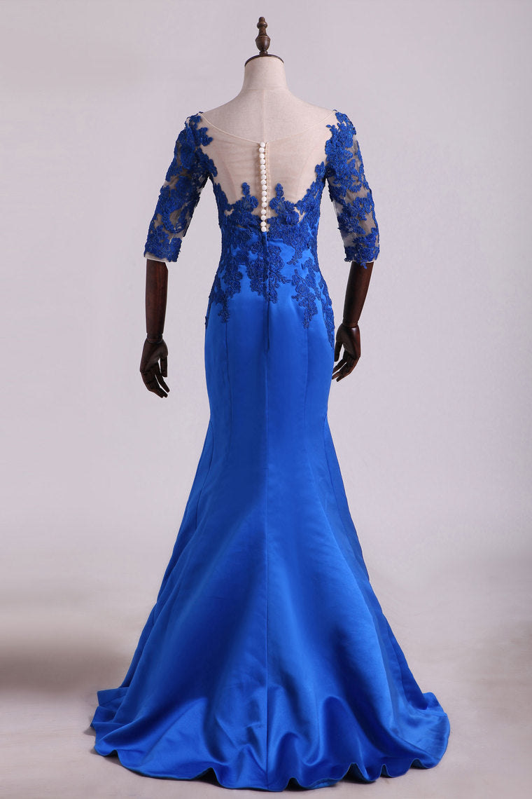 2022 Hot Bateau Dark Royal Blue Mother Of The Bride Dresses 3/4 Length Sleeve With Applique Satin