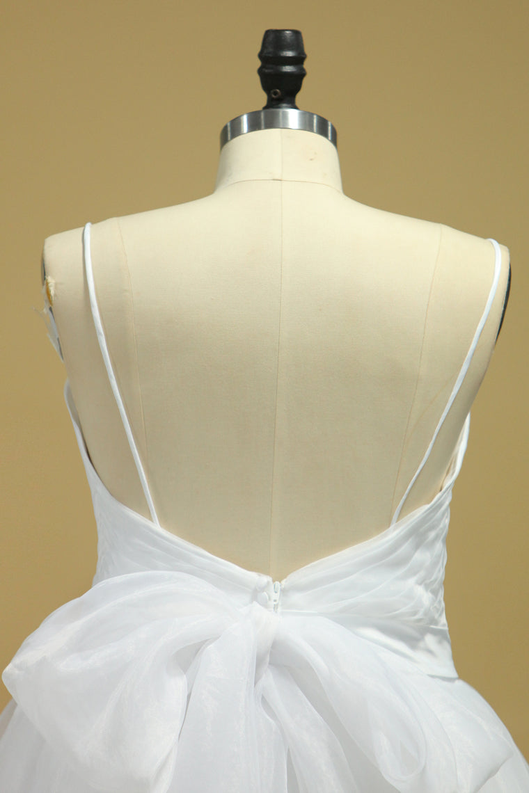 2022 Wedding Dresses A-Line Spaghetti Straps Court Train Organza With Removable Sash Zipper Back Plus Size
