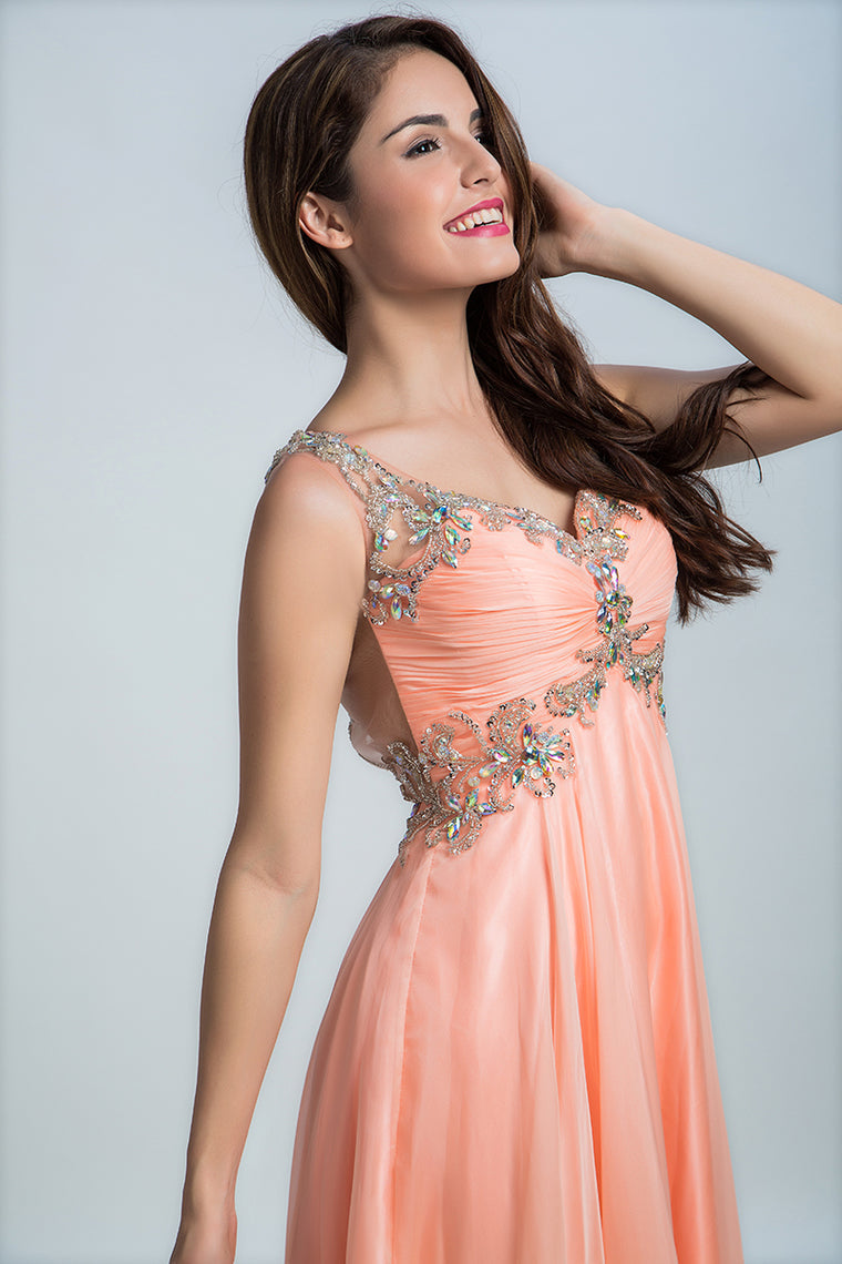 2022 Chiffon V Neck A Line Prom Dresses  With Beads And Ruffles