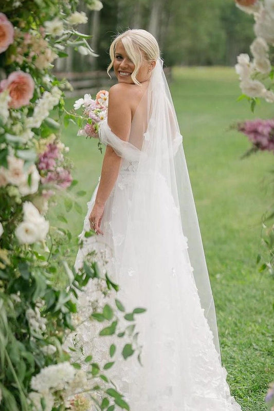 Attractive A-Line Off the Shoulder Tulle Wedding Dresses