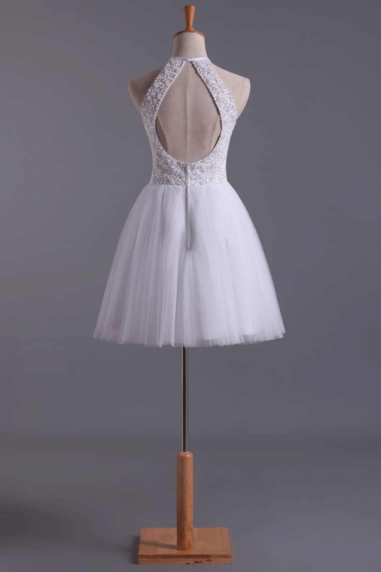 2022 White Halter Homecoming Dresses A-Line Tulle Short/Mini Beaded Bodice