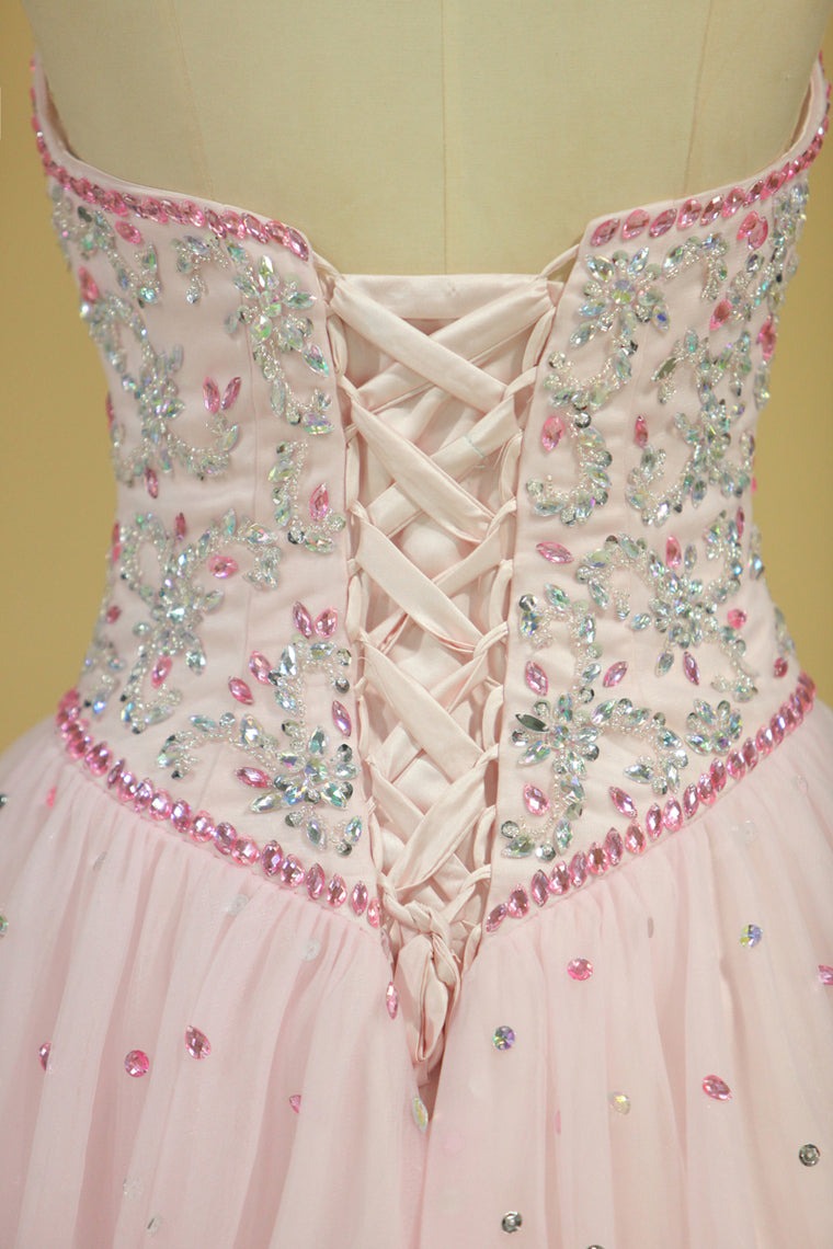 2022 Sweetheart Ball Gown Quinceanera Dresses Tulle With Beads And Rhinestones New