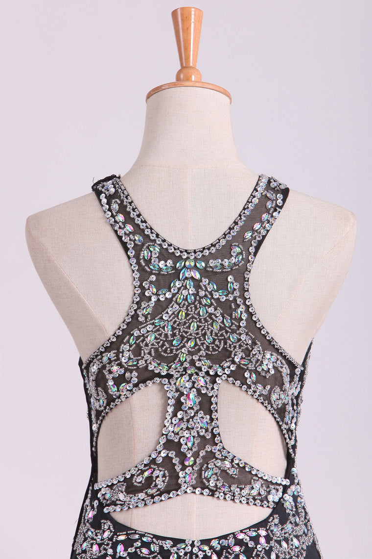 2022 Black Scoop Mermaid Beaded Bodice Open Back Prom Dresses Satin Floor Length