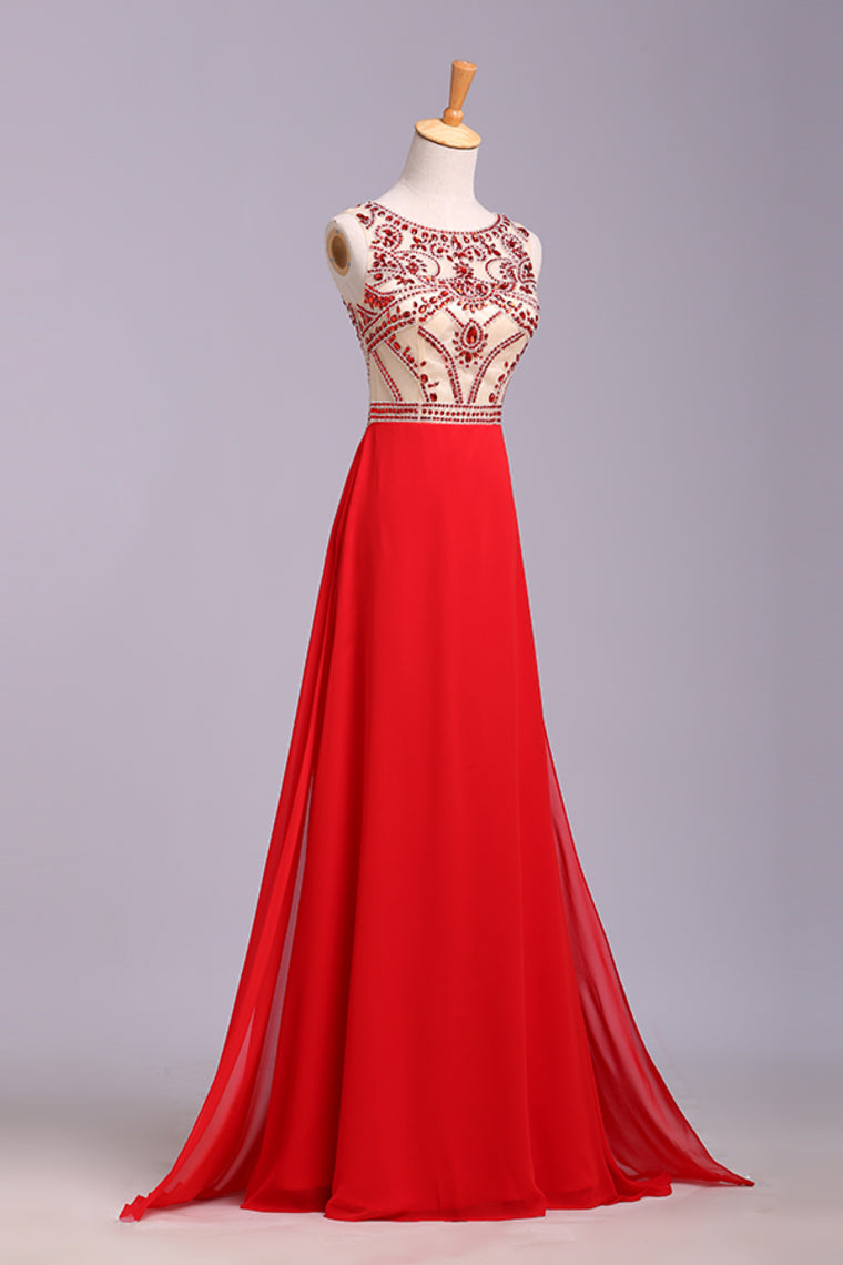 2022 Hot Selling Scoop A Line Full Length Prom Dress Beaded Tulle Bodice With Chiffon Skirt Ready To Ship