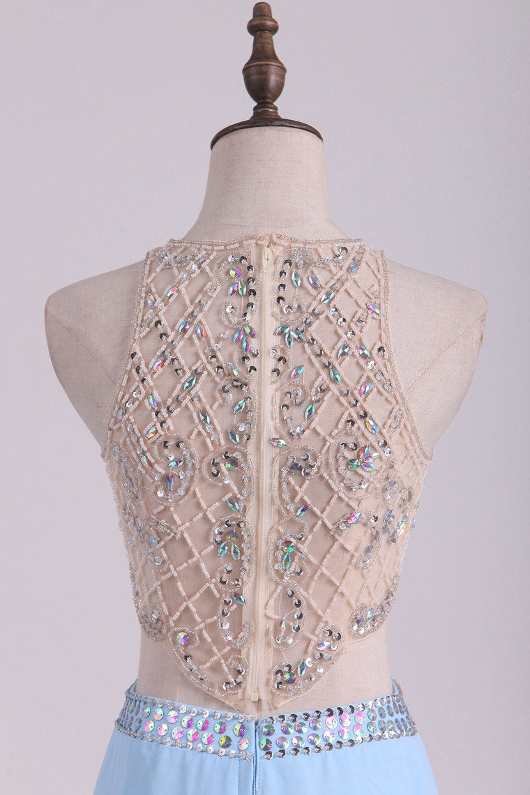 2022 Prom Dresses  Scoop Sheath Two Pieces Chiffon With Beading And Slit Sweep Train