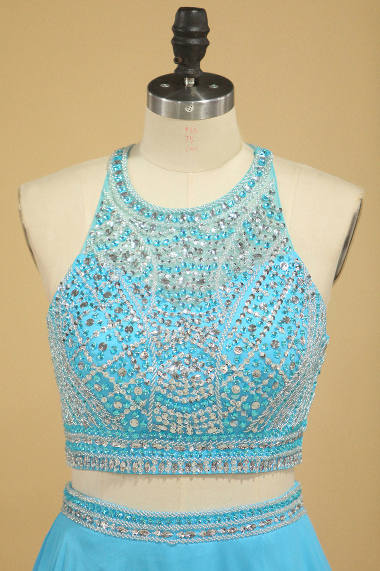 2022 Two-Piece Scoop Prom Dresses A Line Open Back Chiffon & Tulle With Beading