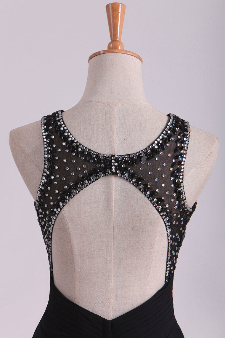 2022 Black Open Back Prom Dresses Scoop A Line Chiffon With Beading
