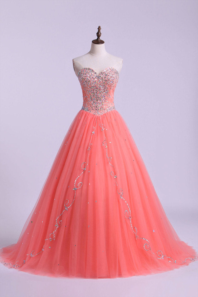 2022 Sweetheart Quinceanera Dresses A Line Beaded Tulle Floor Length