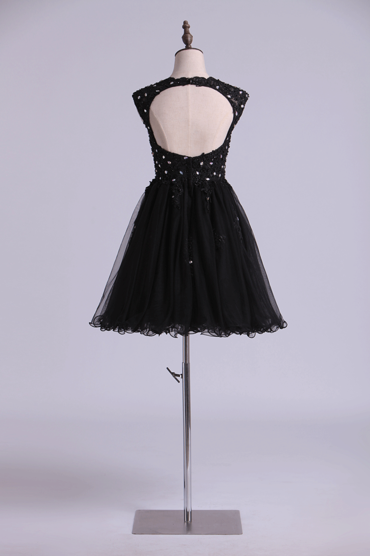 2022 Scoop Prom Dress A Line Tulle Skirt Embellished Bodice With Beads & Applique Cap Sleeve Mini