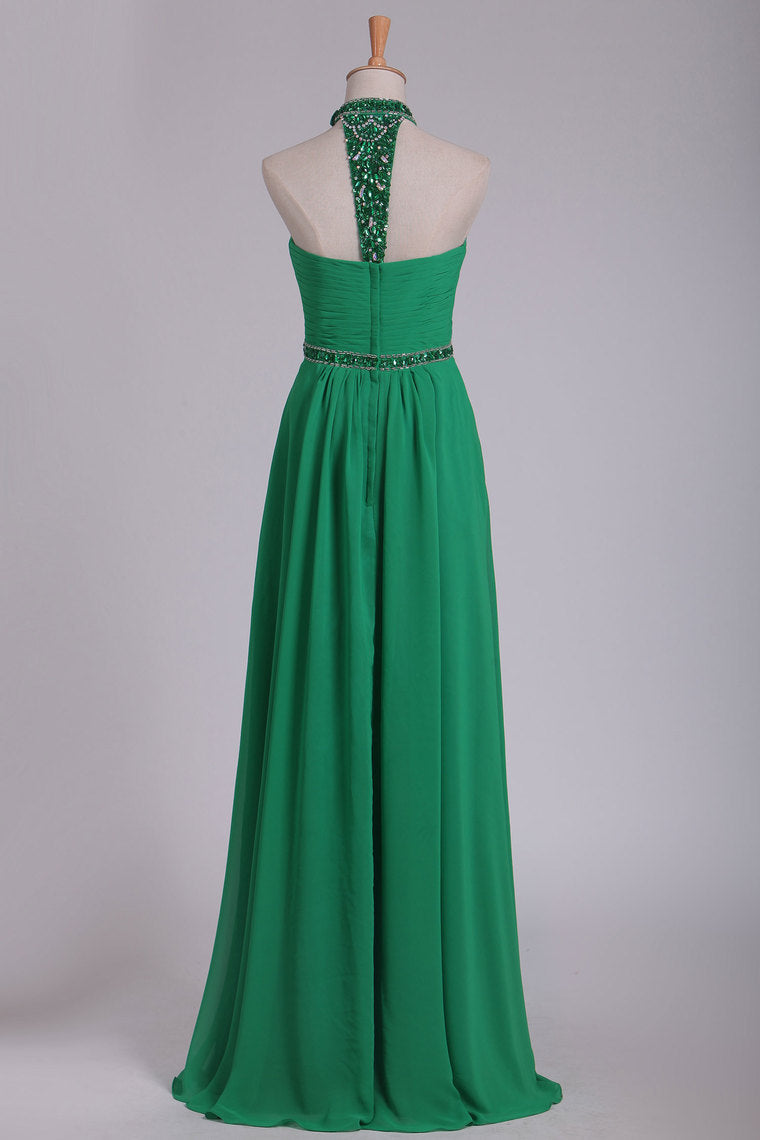 2022 High Neck Prom Dresses Beaded And Ruched Chiffon Sweep Train