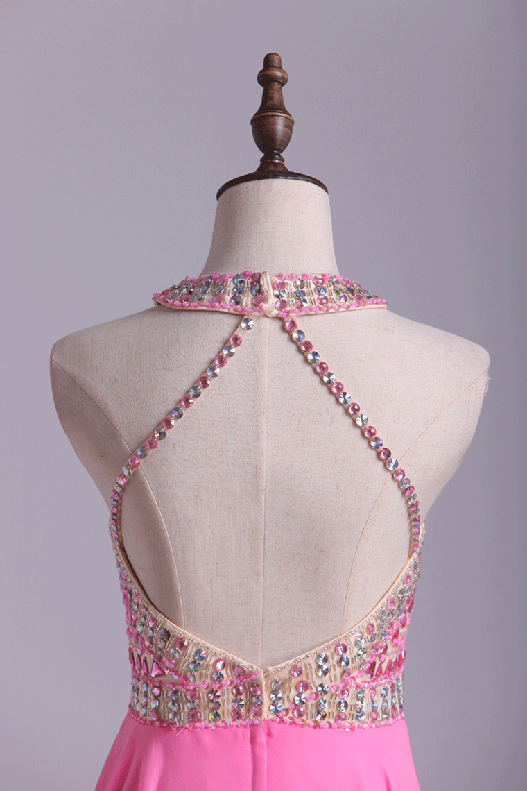 2022 Bicolor Halter Homecoming Dresses A Line Tulle & Chiffon Beaded Bodice