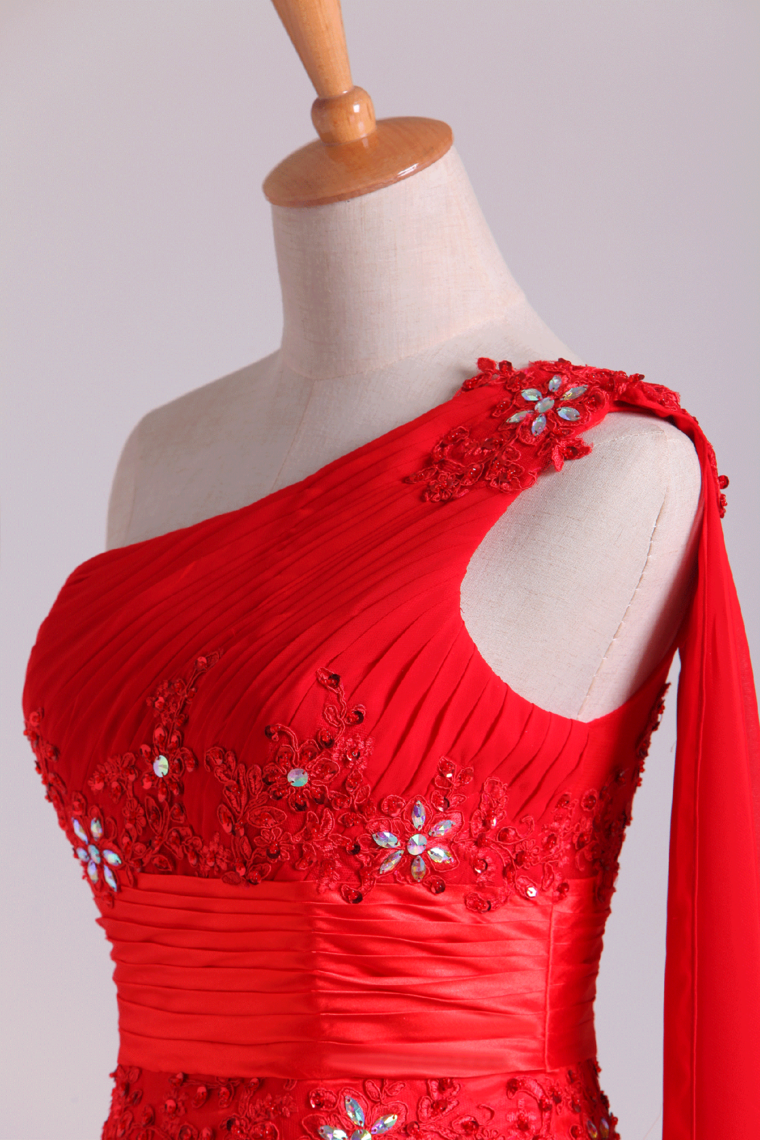2022 Red One Shoulder A Line Prom Dresses With Applique & Ruffles Floor Length
