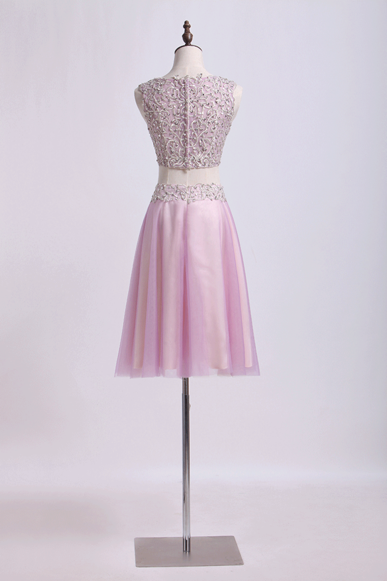 2022 Two-Piece Scoop Cocktail Dresses A-Line Tulle With Applique Knee Length