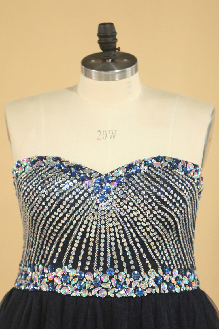 2022 Dark Navy A Line Prom Dresses Sweetheart Beaded Bodice Tulle Zipper Up