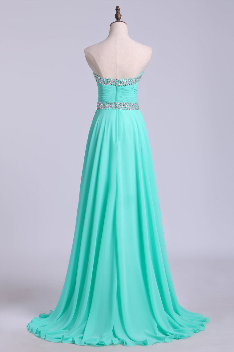 2022 Prom Dresses A Line Floor Length Sweetheart Chiffon With Rhinestone