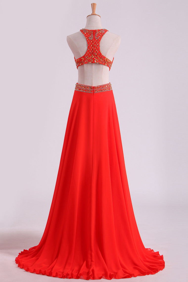 2022 Prom Dresses Scoop A Line Orange Red Chiffon With Beading Sweep Train
