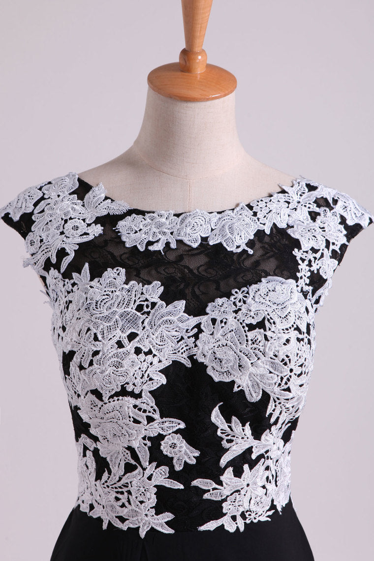 2022 Prom Dresses A Line Scoop Open Back With Applique & Slit Sweep Train Chiffon