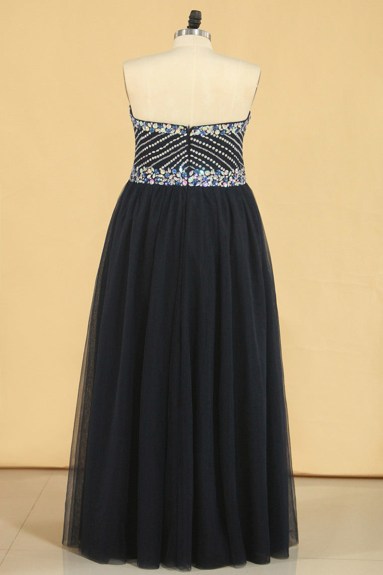 2022 Dark Navy A Line Prom Dresses Sweetheart Beaded Bodice Tulle Zipper Up