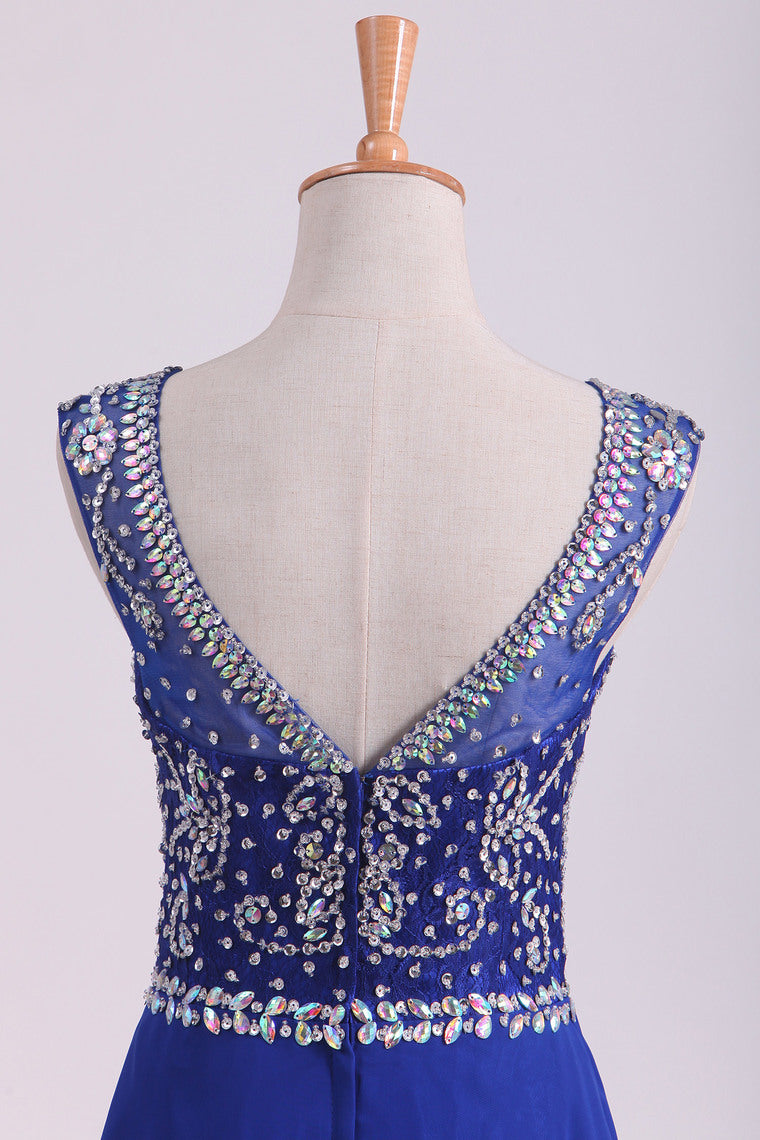 2022 Dark Royal Blue A-Line Bateau Sweep Train Chiffon&Lace Prom Dresses With Slit