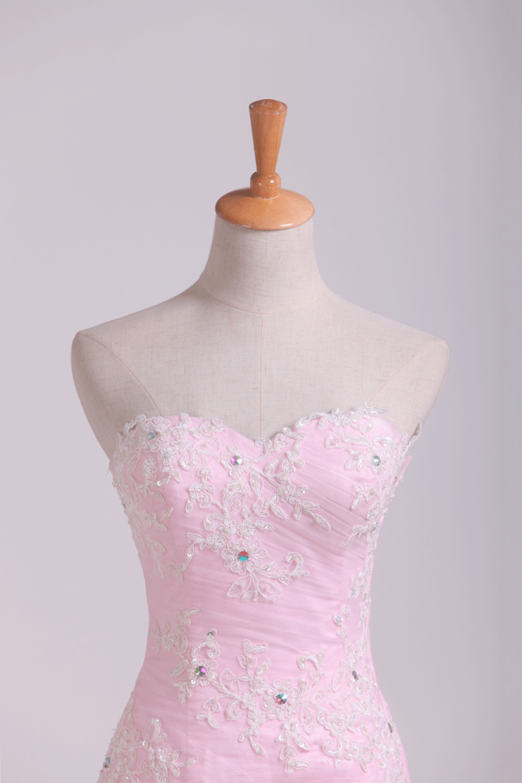 2022 Sweetheart Mermaid Ruffled Bodice Prom Dresses With Rhinestone&Applique Floor Length