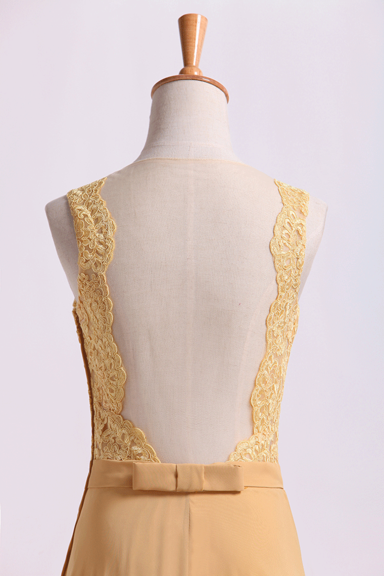 2022 Exquisite Prom Dresses Scoop A Line Lace & Chiffon