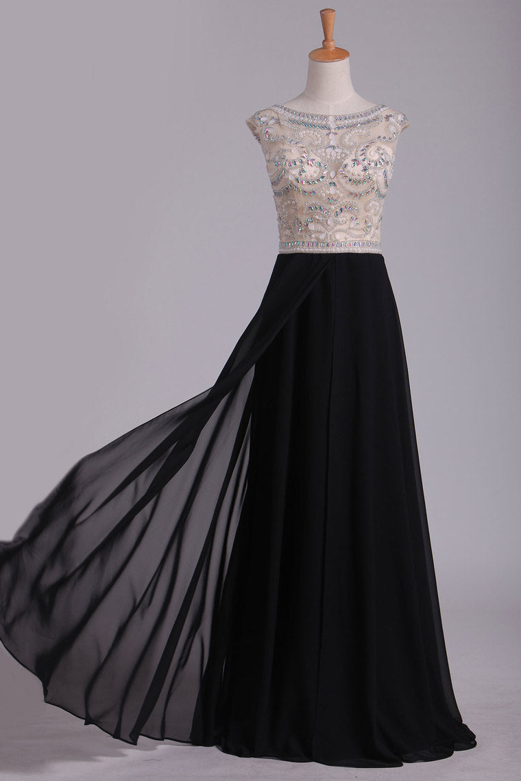 2022 Cap Sleeve Prom Dresses Bateau With Beading And Slit Chiffon
