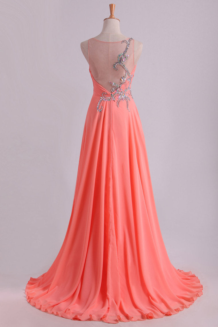 2022 Prom Dress Bateau Fitted And Ruffled Bodice With Long Chiffon Skirt Sweep Train