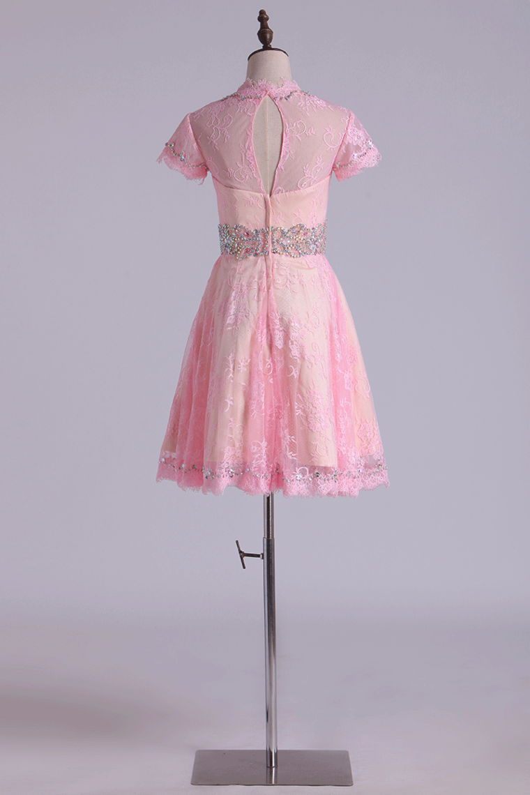 2022 High Neck Short Sleeve A Line Lace Mini Homecoming Dresses Beaded