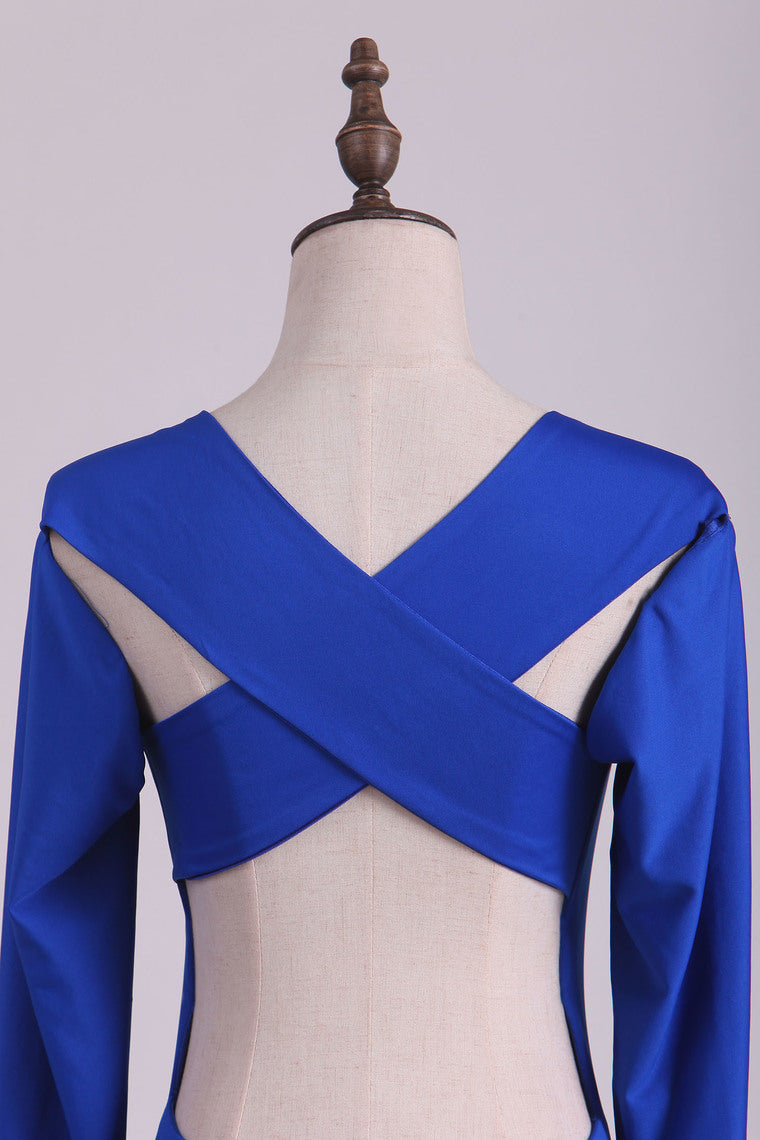 2022 Scoop Prom Dresses Long Sleeves Spandex Open Back Drak Royal Blue