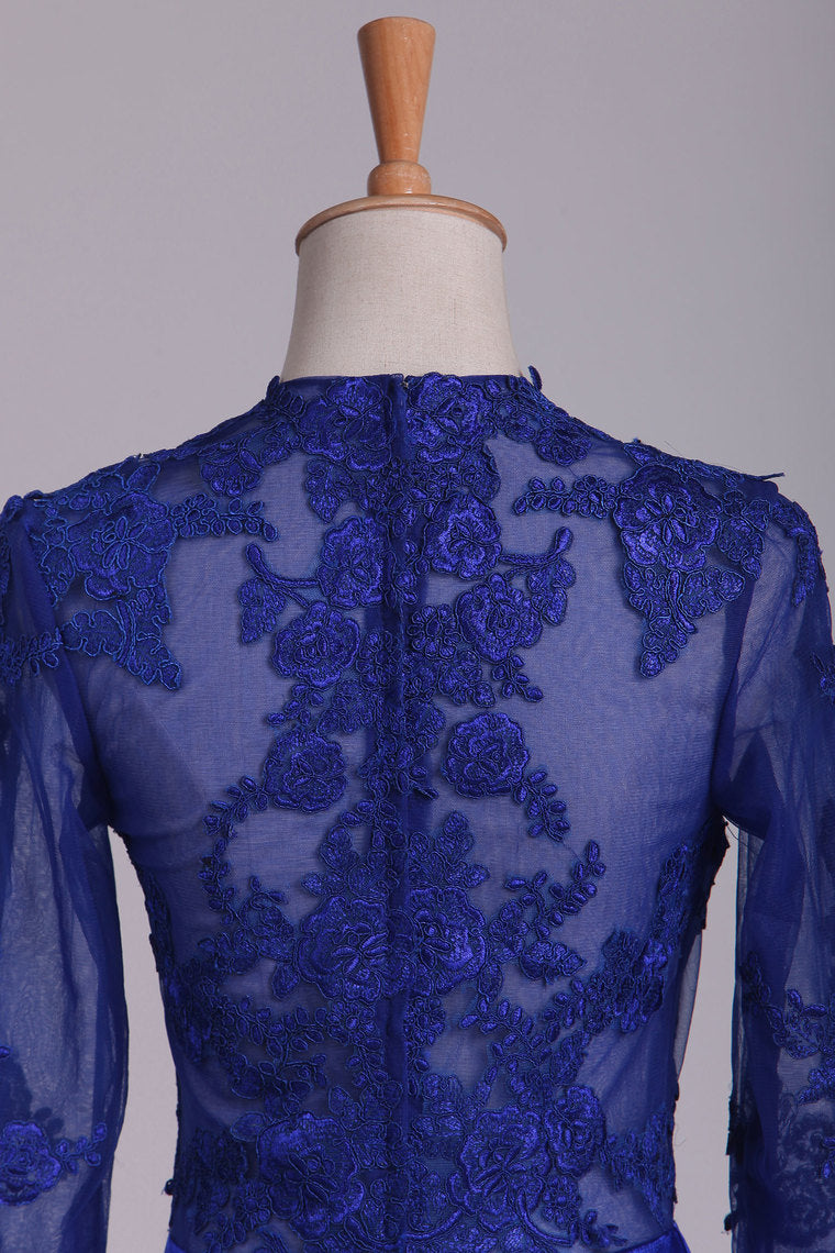 2022 Long Sleeve Evening Dresses Mermaid/Trumpet Elastic Satin With Applique Dark Royal Blue