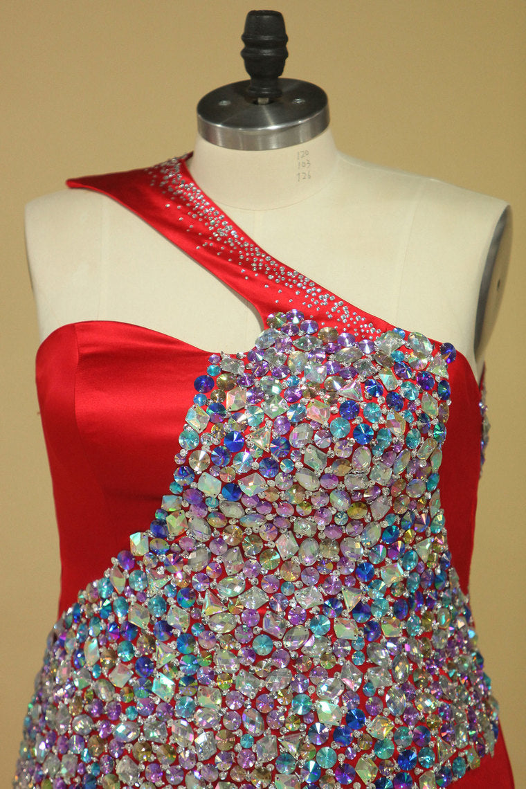 2022 Mermaid/Trumpet One Shoulder Prom Dresses Satin With Beading