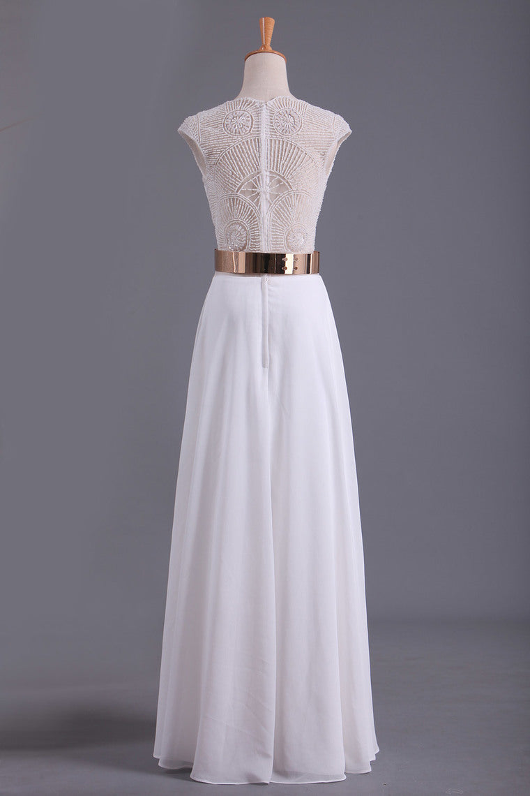 2022 White V Neck Beaded Bodice Prom Dresses A Line Chiffon With Sash And Slit