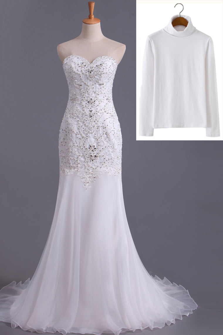 2022 Sweetheart Beaded Bodice Sheath/Column Wedding Dress With Organza Skirt