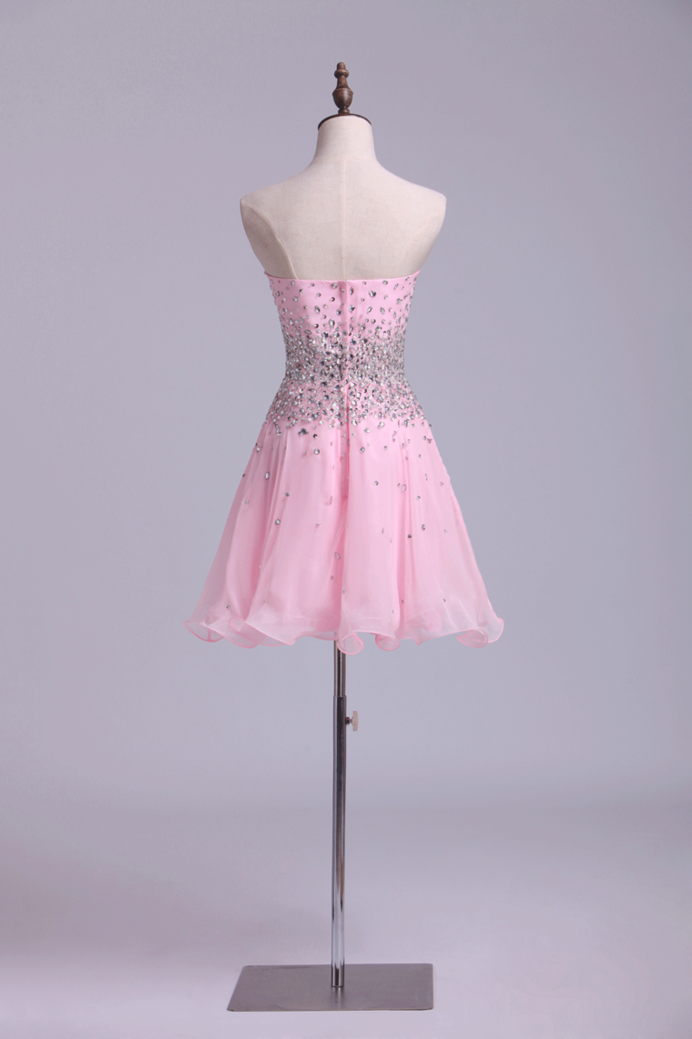 2022 A Line Sweetheart Beaded Bodice Low Back Dress Short With Chiffon Skirt