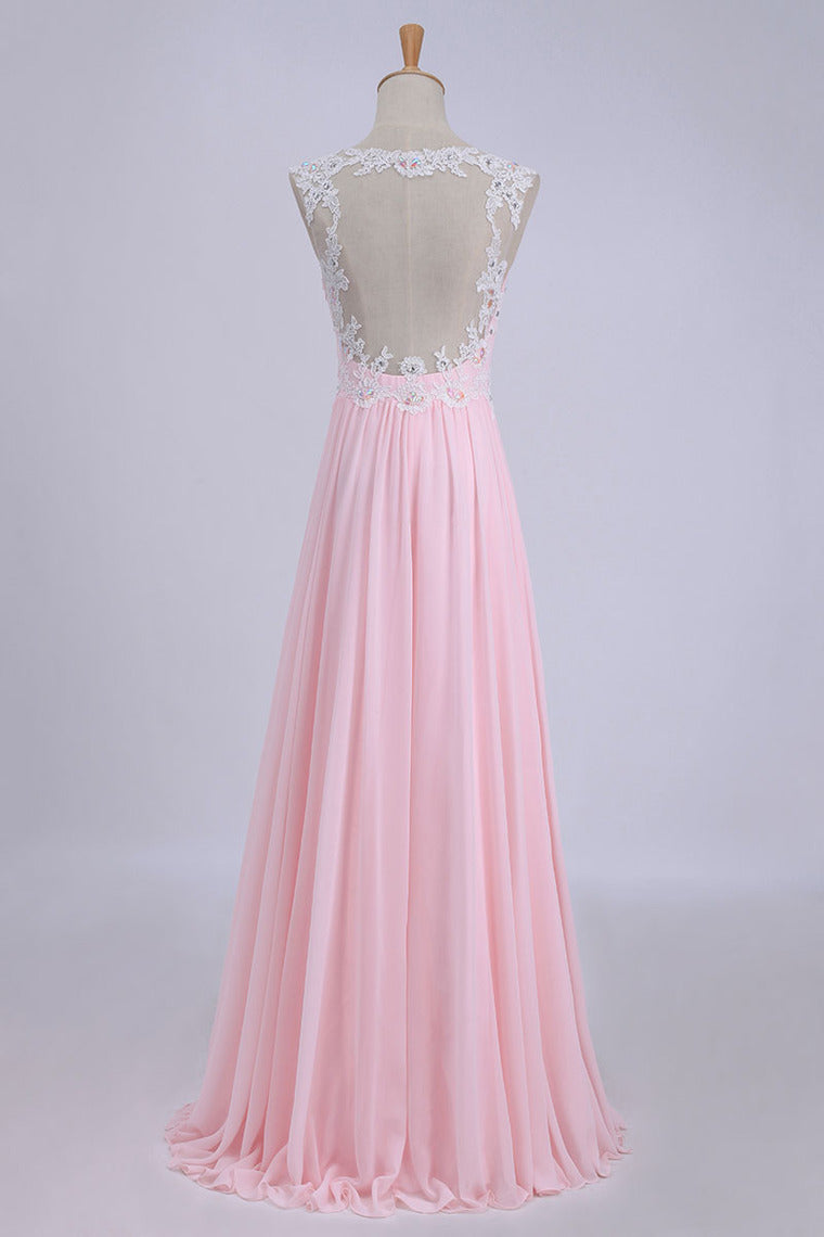 2022 V-Neck A-Line/Princess Prom Dress Tulle&Chiffon With Beads And Applique