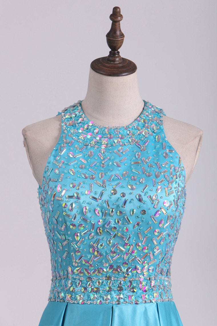 2022 Scoop Beaded Bodice Open Back A Line Satin Prom Dresses