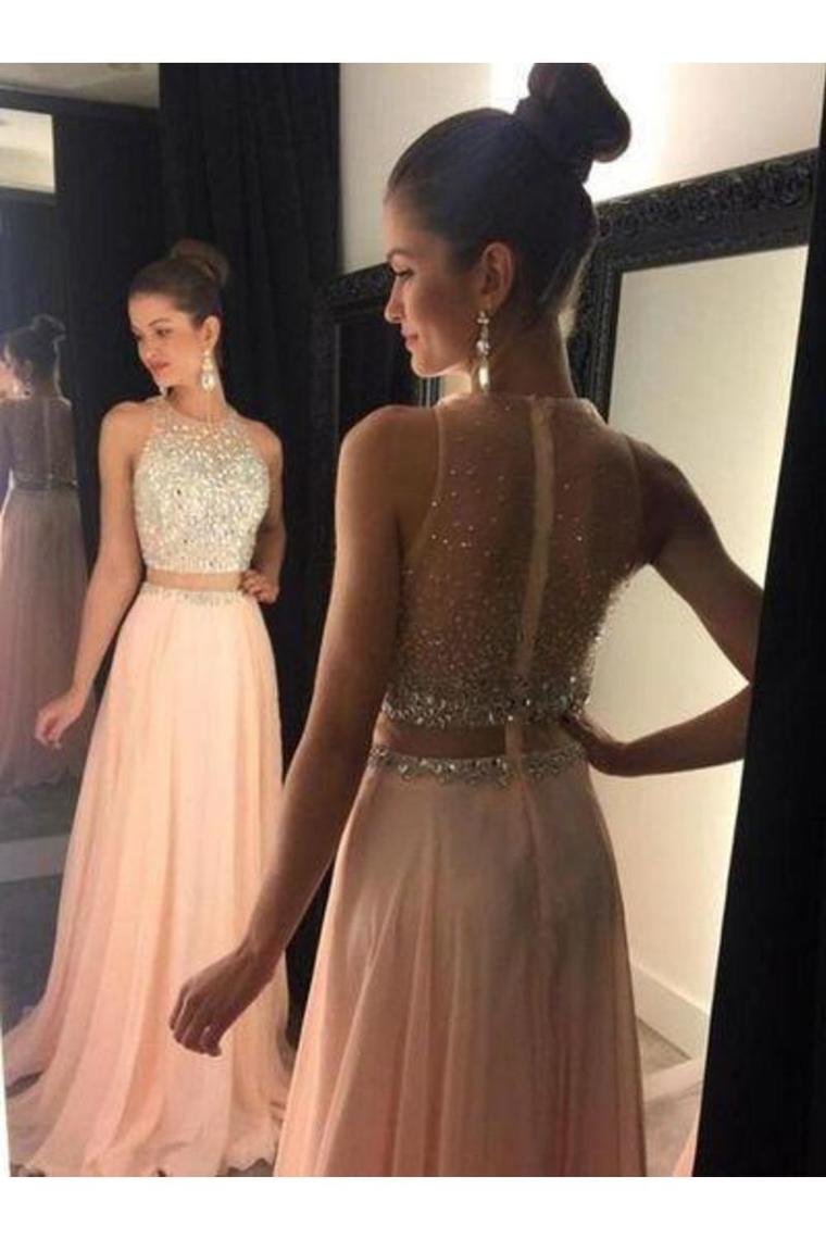 2022 Prom Dresses Scoop Beaded Bodice Chiffon Sweep Train