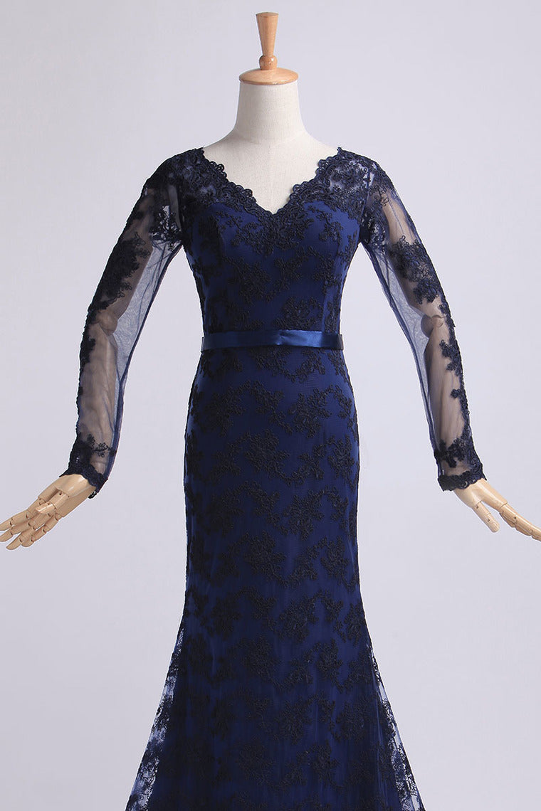 2022 V-Neck Evening Dresses Mermaid With Applique Lace And Tulle