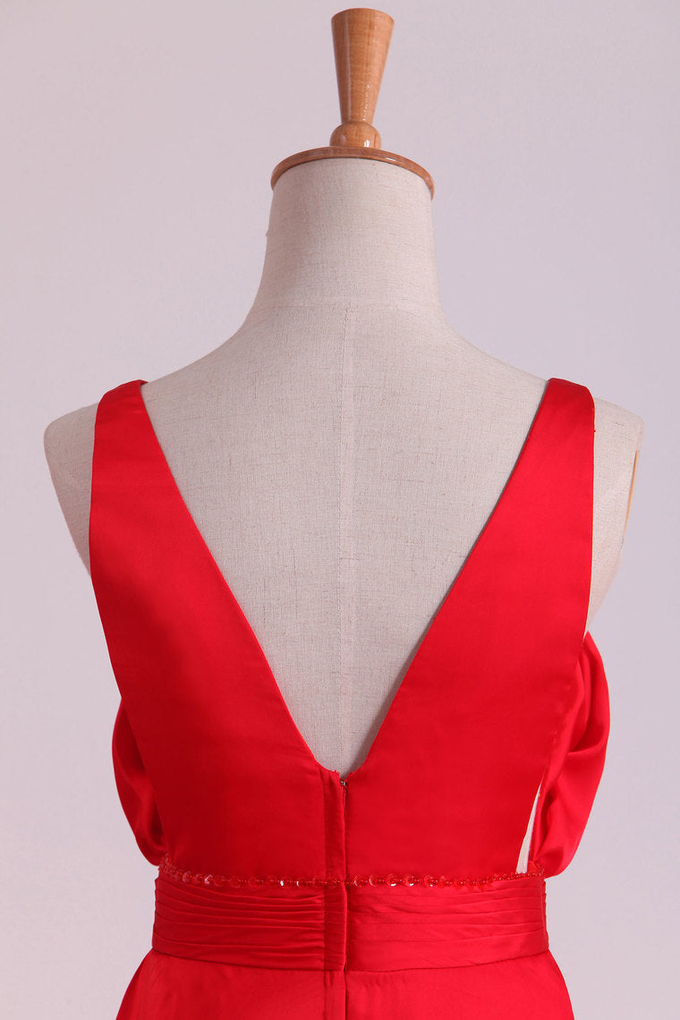 2022 A Line V Neck Deep V Back Prom Dresses Chiffon With Slit Court Train