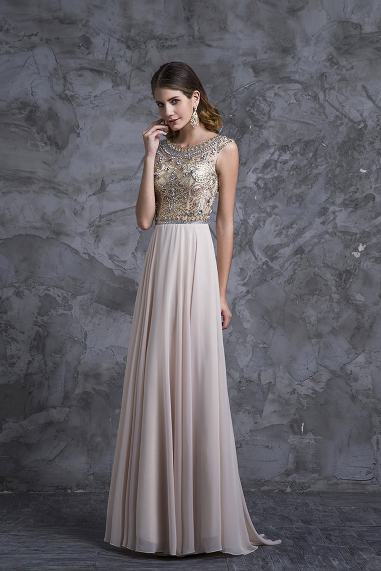 2022 Prom Dress Scoop A Line Floor Length Beaded Tulle Bodice With Chiffon Skirt