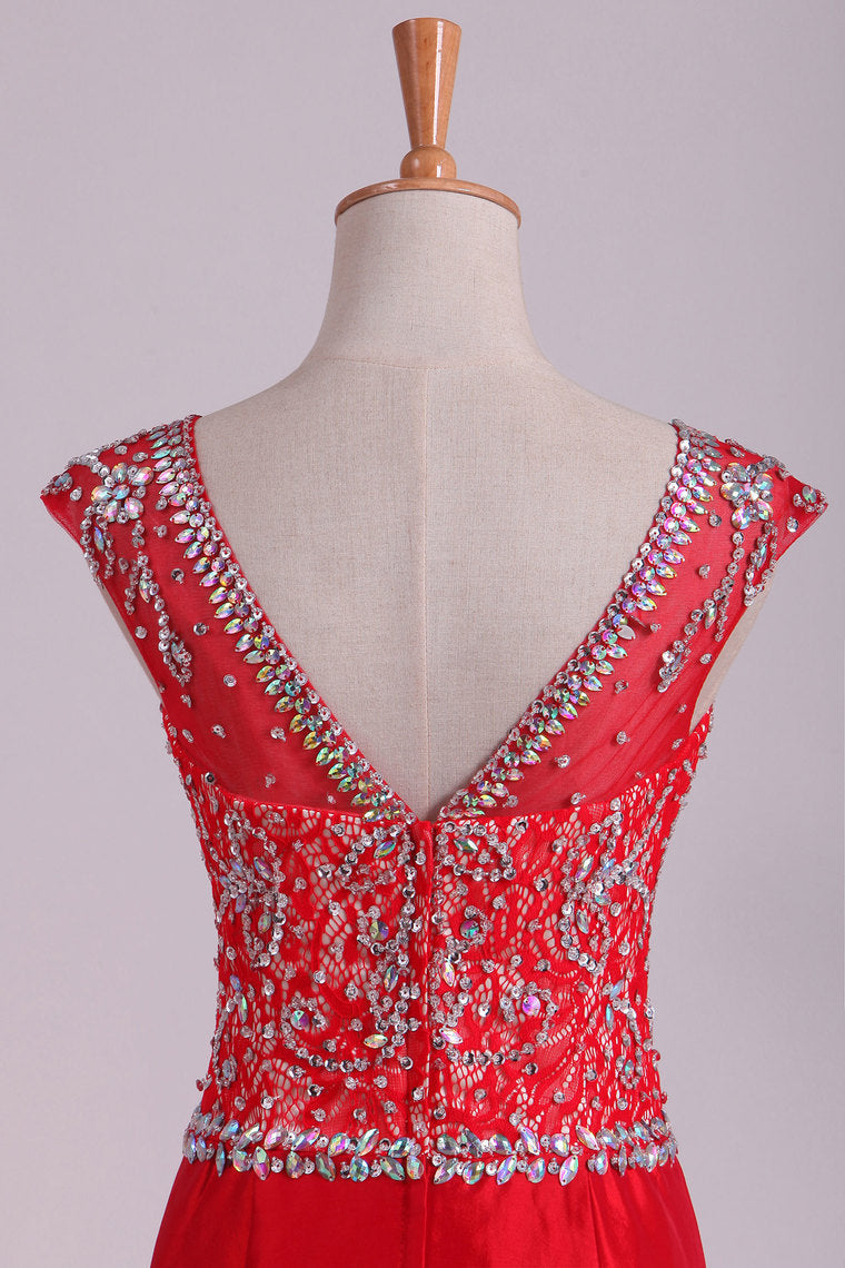2022 Red Bateau Lace&Taffeta Prom Dresses Mermaid With Beads