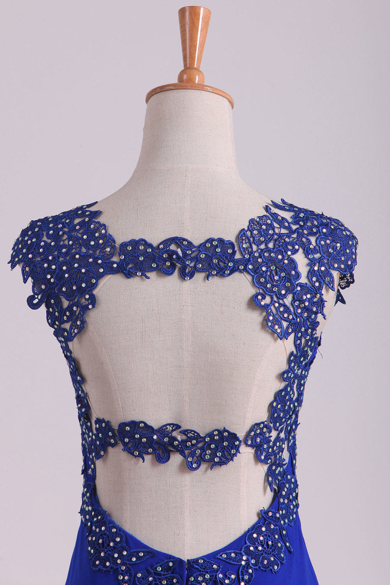 2022 Prom Dresses Sheath Straps Spandex With Applique Open Back