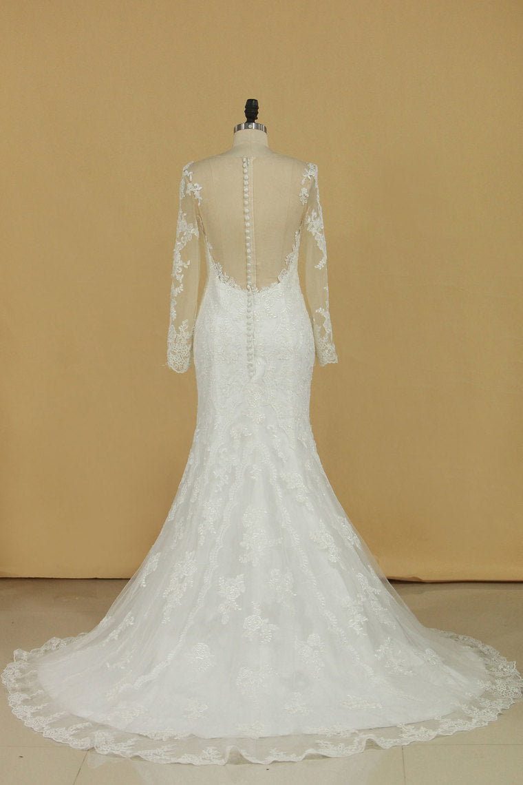 2022 Mermaid Scoop With Applique Long Sleeves Wedding Dresses Tulle Court Train