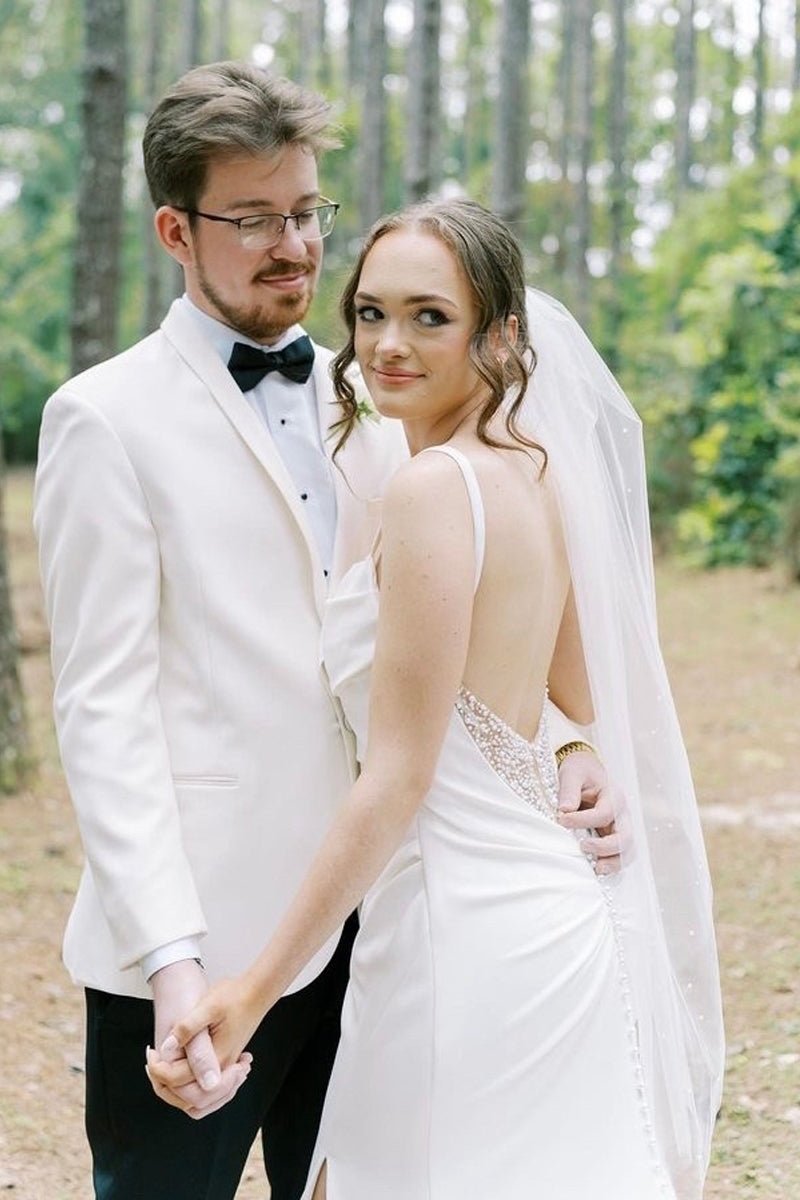 Charming Mermaid Cowl Neck Satin Wedding Dress with Slit