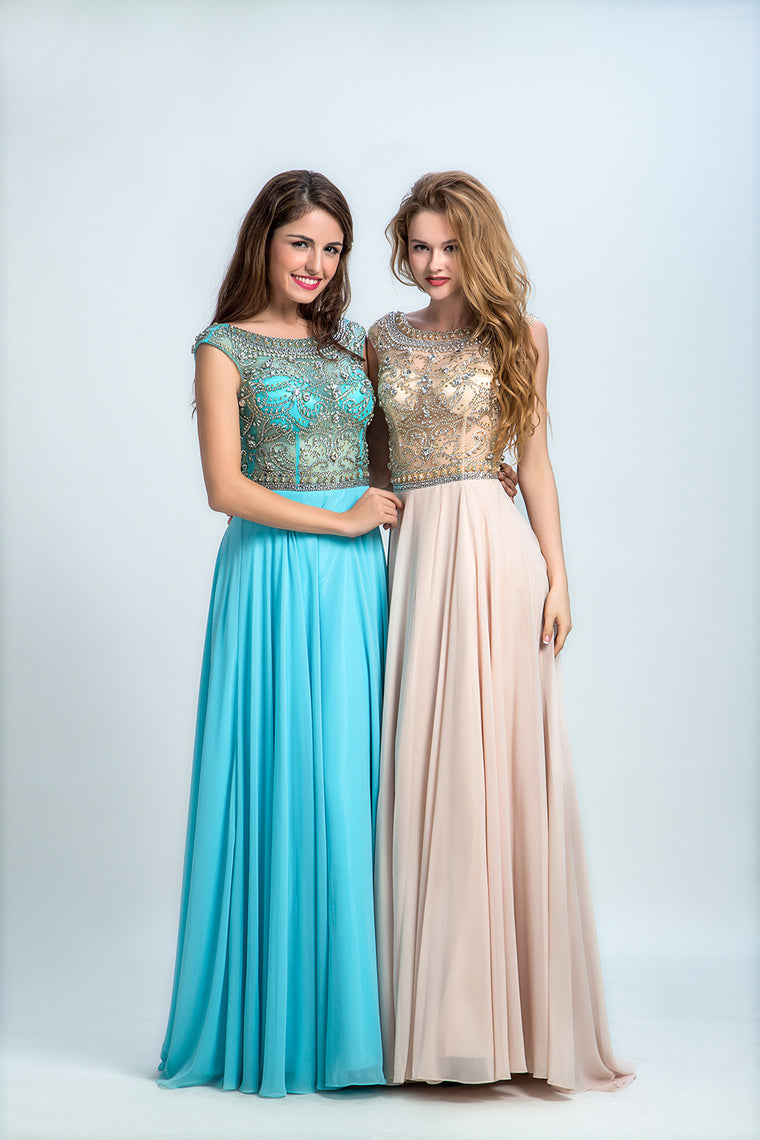 2022 Prom Dress Scoop A Line Floor Length Beaded Tulle Bodice With Chiffon Skirt