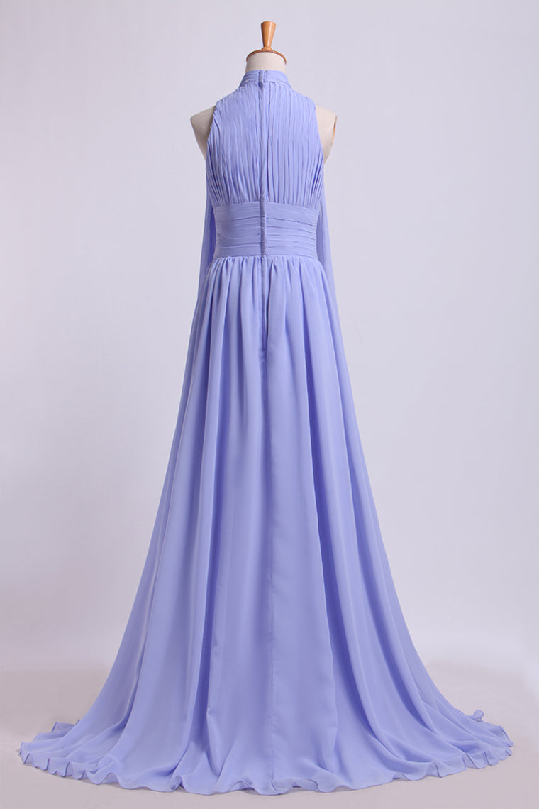 2022 High Neck Pleated Bodice Prom Dresses A-Line Chiffon Sweep Train